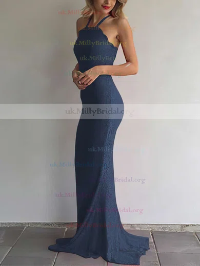 Cheap Blue Lace Halter Sheath/Column Formal Dress