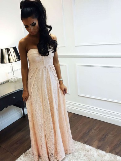 A-line Strapless Lace Floor-length Prom Dresses #UKM020105794