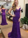 Trumpet/Mermaid Off-the-shoulder Lace Sweep Train Appliques Lace Prom Dresses #UKM020105798