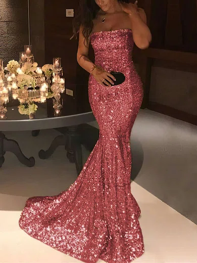 Trumpet/Mermaid Strapless Sequined Sweep Train Prom Dresses #UKM020105816