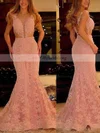 Trumpet/Mermaid Scoop Neck Tulle Sweep Train Appliques Lace Prom Dresses #UKM020105538