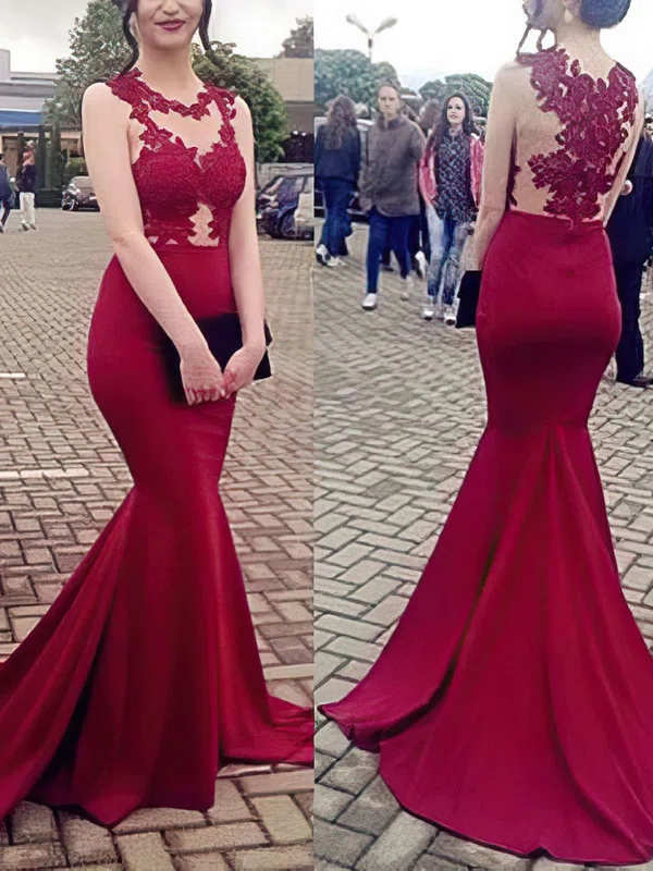 Trumpet/Mermaid Scoop Neck Jersey Sweep Train Appliques Lace Prom Dresses #UKM020105540