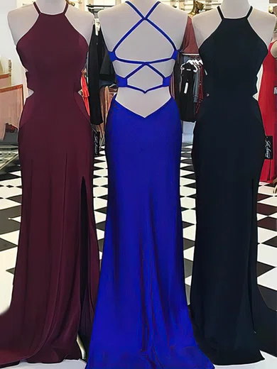 Sheath/Column Halter Jersey Cut Out Prom Dresses #UKM020105552