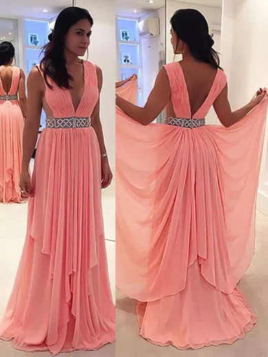 A-line V-neck Chiffon Sweep Train Beading Prom Dresses #UKM020105780