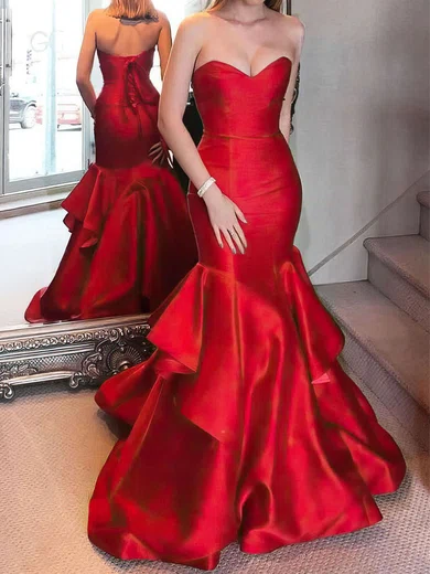 Red Mermaid Strapless Satin Ruffle Tiered Prom Dresses #UKM020105471