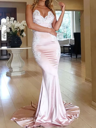 Mermaid V-neck Backless Satin Prom Dresses With Appliques #UKM020105512