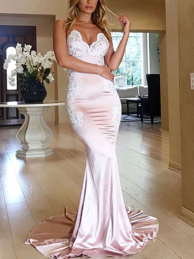 Trumpet/Mermaid V-neck Silk-like Satin Sweep Train Appliques Lace Prom Dresses #UKM020105512