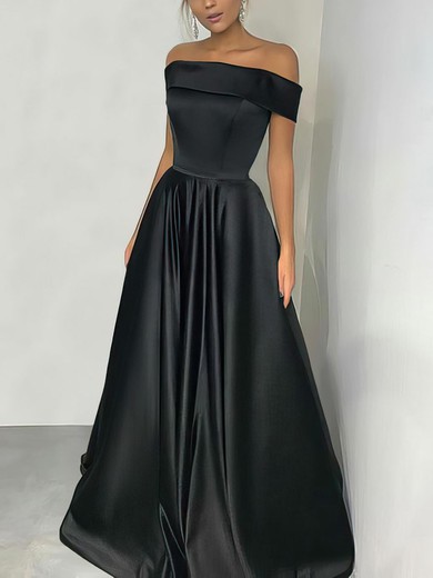 A-line Off-the-shoulder Silk-like Satin Floor-length Prom Dresses #UKM020105934