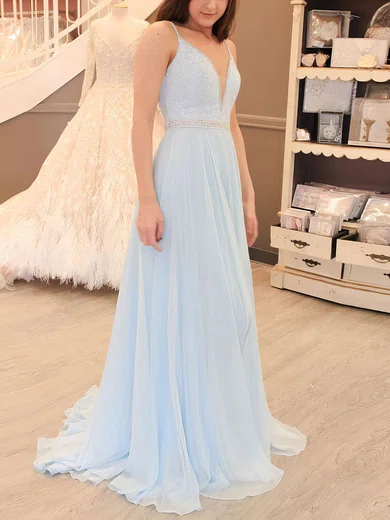 A-line V-neck Chiffon Prom Dresses With Beading #UKM020105938