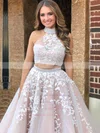 A-line High Neck Tulle Sweep Train Beading Prom Dresses #UKM020105939