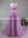 A-line High Neck Tulle Sweep Train Beading Prom Dresses #UKM020105939