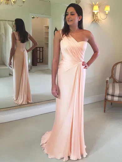 Sheath/Column One Shoulder Chiffon Floor-length Ruffles Prom Dresses #UKM020105944