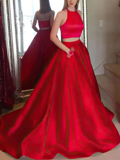 A-line Halter Satin Sweep Train Pockets Prom Dresses #UKM020105945