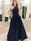 A-line Halter Satin Floor-length Pockets Prom Dresses #UKM020105946