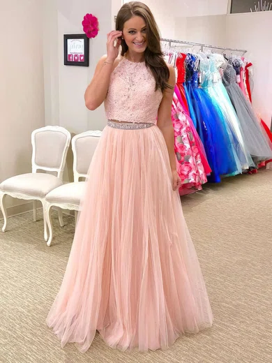 A-line Halter Tulle Floor-length Beading Prom Dresses #UKM020105947