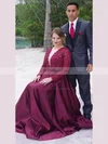 Satin V-neck A-line Floor-length Beading prom dress #UKM020105950