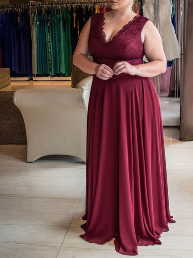 Chiffon V-neck A-line Floor-length Lace prom dress #UKM020105975