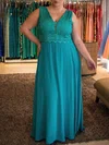 Chiffon V-neck A-line Floor-length Lace prom dress #UKM020105985