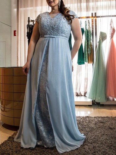 Chiffon Scoop Neck A-line Floor-length Lace prom dress #UKM020105987