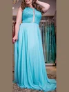 Chiffon Scoop Neck A-line Sweep Train Appliques Lace prom dress #UKM020105988