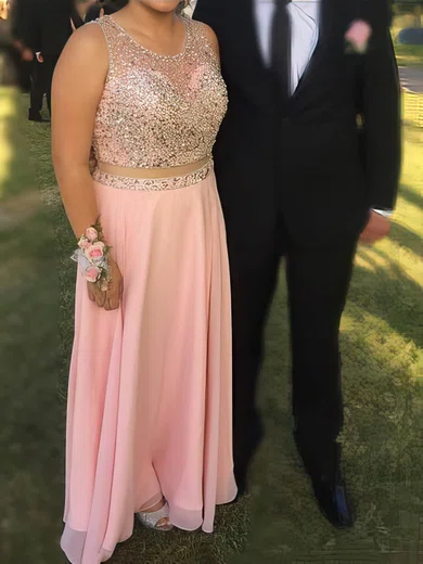Chiffon Scoop Neck A-line Floor-length Beading prom dress #UKM020105998