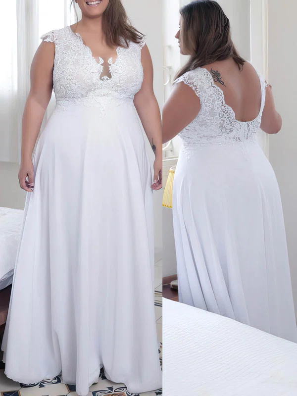 Chiffon V-neck A-line Floor-length Appliques Lace prom dress #UKM020106014