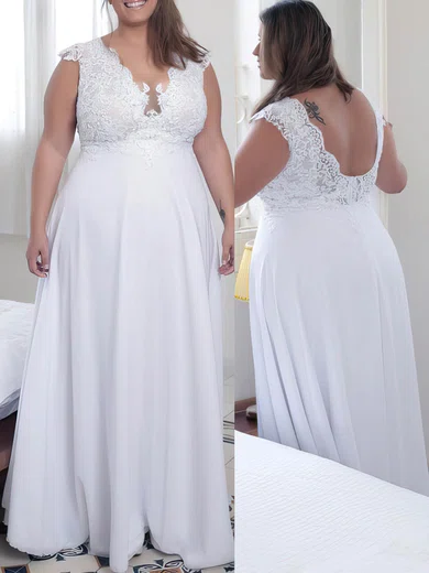 Chiffon V-neck A-line Floor-length Appliques Lace prom dress #UKM020106014