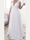 Lace V-neck A-line Floor-length Lace prom dress #UKM020106015