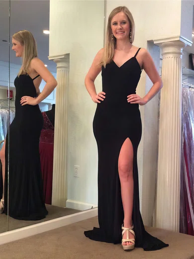Sheath/Column V-neck Jersey Sweep Train Split Front Prom Dresses #UKM020106032
