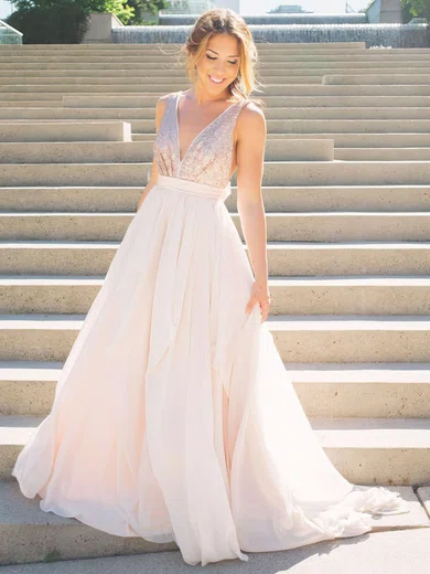 Ball Gown V-neck Chiffon Sequined Sweep Train Ruffles Prom Dresses #UKM020106039