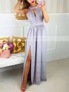 A-line Scoop Neck Silk-like Satin Floor-length Lace Prom Dresses #UKM020106044