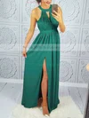 A-line Scoop Neck Silk-like Satin Floor-length Lace Prom Dresses #UKM020106044
