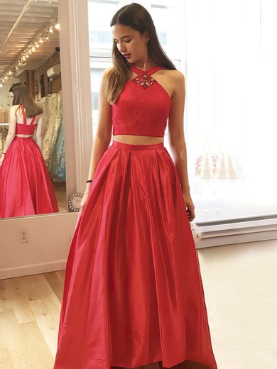Princess V-neck Satin Floor-length Lace Prom Dresses #UKM020106048