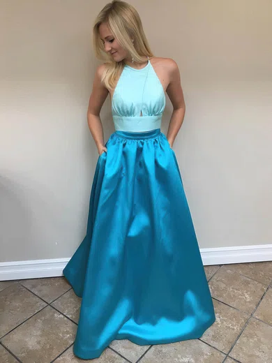 Princess Halter Satin Floor-length Pockets Prom Dresses #UKM020106050