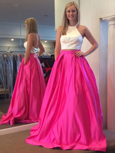 Ball Gown Halter Satin Sweep Train Pockets Prom Dresses #UKM020106051