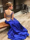 Princess V-neck Satin Sweep Train Beading Prom Dresses #UKM020106052