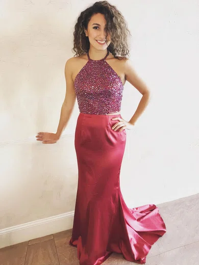Sheath/Column Halter Satin Sweep Train Beading Prom Dresses #UKM020106054