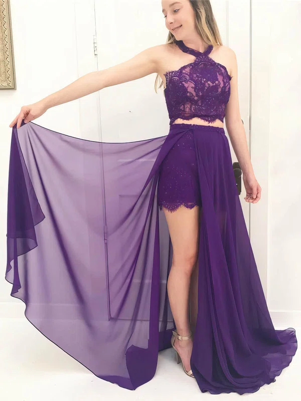 A-line Halter Chiffon Floor-length Appliques Lace Prom Dresses #UKM020106066