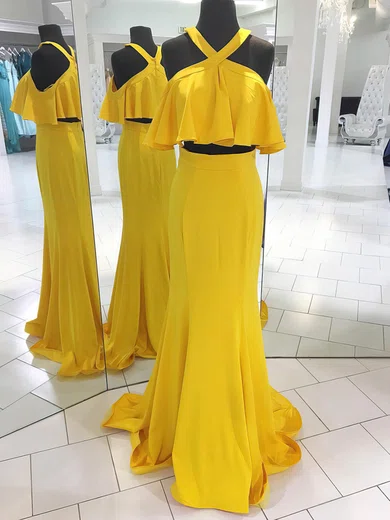 Mermaid Halter Jersey Floor-length Two Piece Prom Dresses #UKM020106070