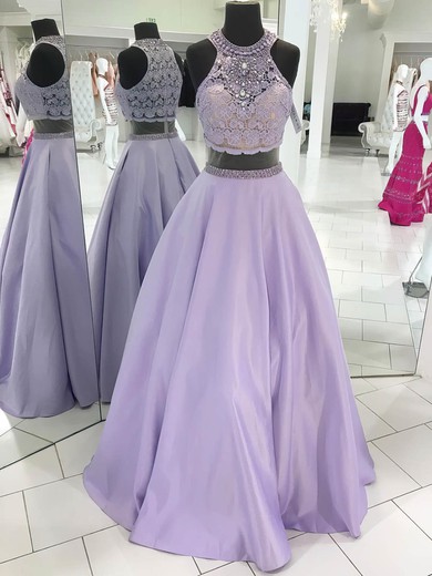 Ball Gown Scoop Neck Lace Satin Floor-length Beading Prom Dresses #UKM020106074