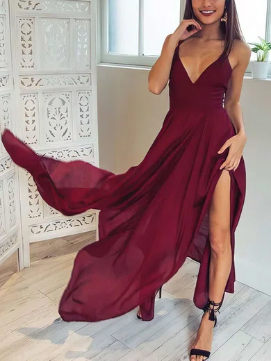 A-line V-neck Chiffon Asymmetrical Split Front Prom Dresses #UKM020106076