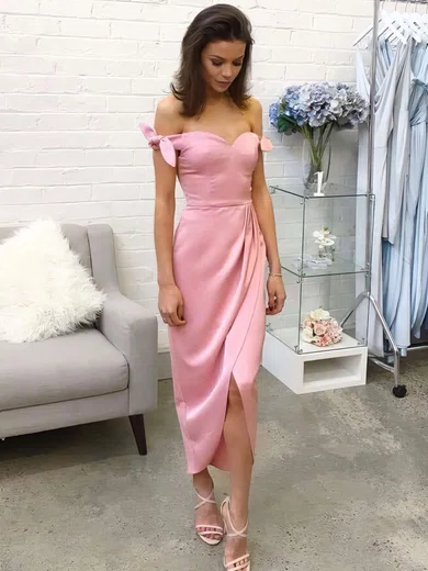 Sheath/Column Off-the-shoulder Silk-like Satin Tea-length Bow Prom Dresses #UKM020106087