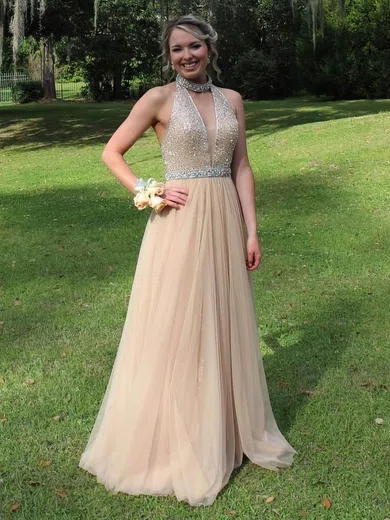 A-line High Neck Chiffon Floor-length Beading Prom Dresses #UKM020106092