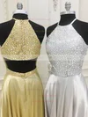 A-line Scoop Neck Silk-like Satin Sweep Train Beading Prom Dresses #UKM020106094