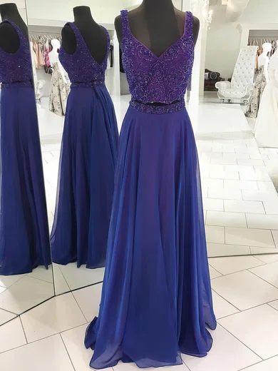 A-line V-neck Chiffon Two Piece Prom Dresses With Beading #UKM020106095