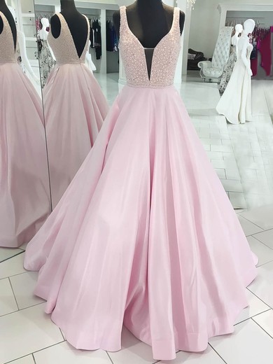 Ball Gown V-neck Satin Floor-length Beading Prom Dresses #UKM020106096