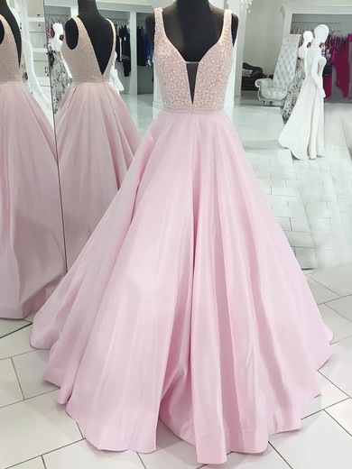 Ball Gown V-neck Satin Floor-length Beading Prom Dresses #UKM020106096