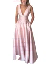 A-line V-neck Silk-like Satin Floor-length Pockets Prom Dresses #UKM020106098