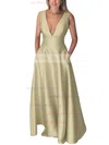 A-line V-neck Silk-like Satin Floor-length Pockets Prom Dresses #UKM020106098