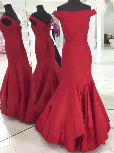 Mermaid Off-the-shoulder Satin Modest Prom Dresses With Ruched #UKM020106102